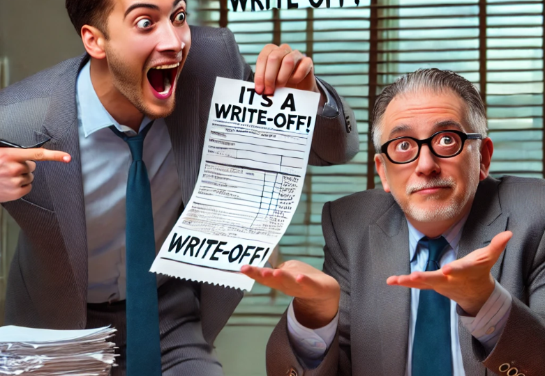 A man excitedly pointing at a paper that says "it's a write off" while another man shrugs his shoulder as if he's unsure if it is or not.